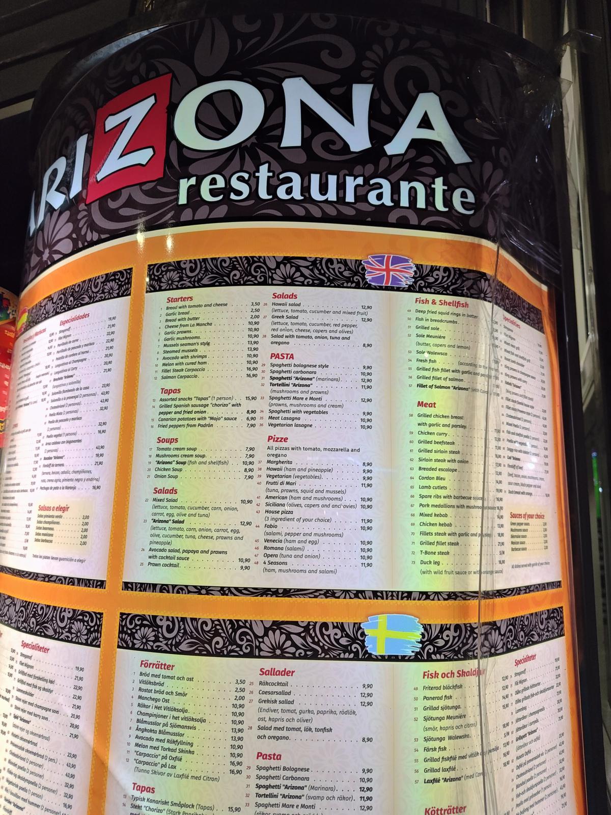 Arizona Restaurant menu